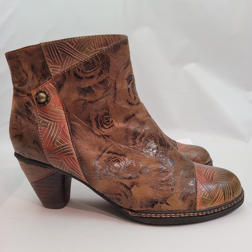 Spring Step L'Artiste Ankle Boots Womens Brown Gold Floral Leather 39